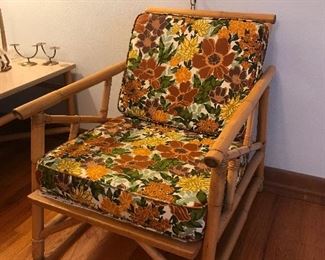 Bent Bamboo tiki furniture with original cushions in amazing shape and matching Formica top tables 