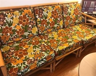 Bent Bamboo tiki furniture with original cushions in amazing shape and matching Formica top tables 