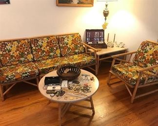 Bent Bamboo tiki furniture with original cushions in amazing shape and matching Formica top tables 