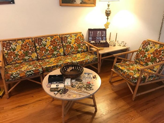 Bent Bamboo tiki furniture with original cushions in amazing shape and matching Formica top tables 