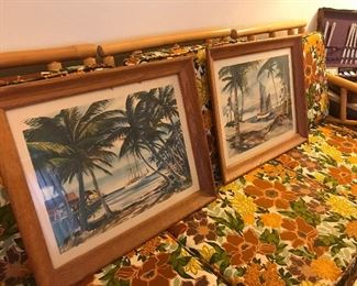 Bent Bamboo tiki furniture with original cushions in amazing shape and matching Formica top tables Vintage tiki artwork