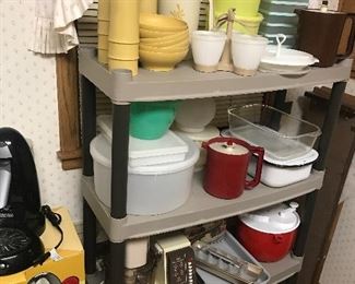 Tupperware, enamelware, refrigerator dish, salad spinner, Bundt pan, food processor, meat grinder, vintage ice trays