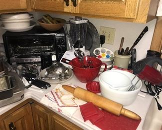 Toaster oven, hand mixer, blender, mixing bowls, rolling pin and more