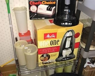 Tupperware, Melitta coffee maker, electric knife sharpener 