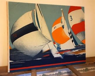 Large retro Klaus Heider fabric Sailboat wall hanging