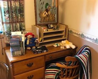 Retro maple desk and captains chair, National Geographic maps, Magnolia Home desk organizer, dominoes, Paddington bear , vintage needlepoint