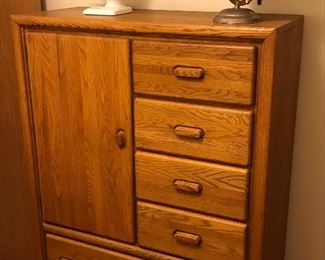 Oak armoire, two available, sold separately, globe, fan, mirror