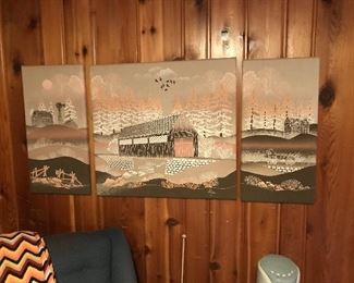 3 piece fabric wall art, signed