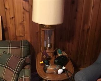 End table with magazine rack, lamp, duck phone