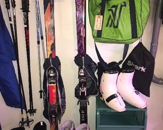 Downhill skis, boots, poles