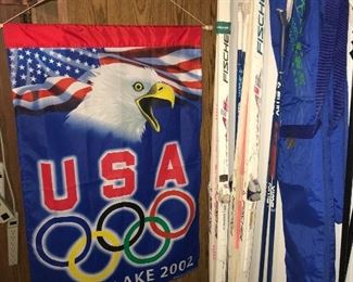 Salt Lake Olympic flag, Nordic boots, cross country skis