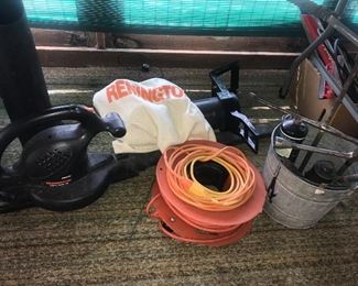 Remington blower, galvanized bucket, tire irons, extension cord