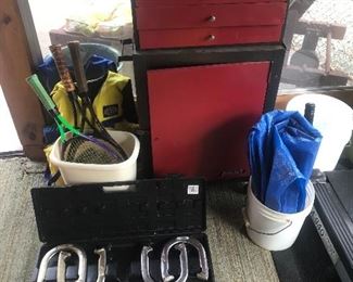 Two piece Toolbox, horseshoes, tennis racquets, tarp