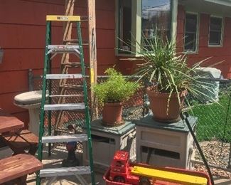 Ladders, Radio Flyer wagon, hose reels, plants, heated bird feeder
