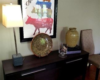 Console table,  cows on parade poster, pottery decor