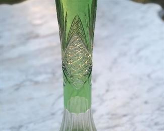 Tall Green Cut to Clear Cut Glass Vase $50