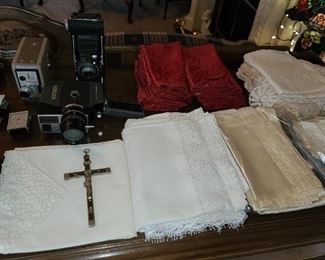Table Linen & Vintage Cameras