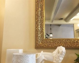 Large Gilded Rectangular Mirror, White Ceramic Lion