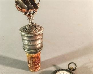 Silver Figural Tall Ship Bottle Stopper and Vintage Silver Pocket Watch (either could be sterling, not tested)
