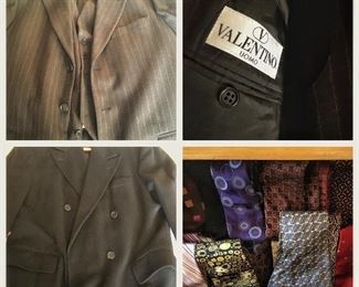 Designer Men’s Clothing such as Valentino Three Piece Pinstripe Suit, Cashmere Full Length Coat and Lots of Men’s Dress Ties 