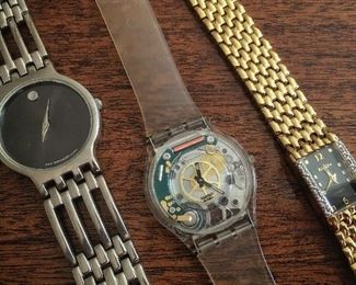 Vintage Swatch Skeleton Watch, Vintage Movado Silver Tone Watch and Elgin Gold Tone Watch  