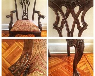Vintage Chippendale Hand Carved Chairs, set of 10. 2 Captains and 8 Side 