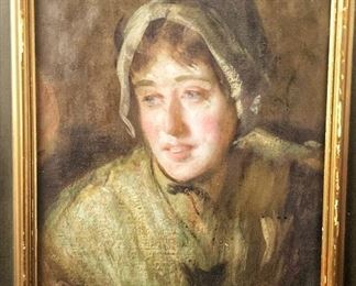 Vintage Oil on Board Portrait Painting of a Young Maiden 