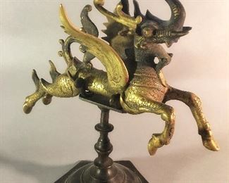 Vintage Bronze Chinese Mythical Winged Horse “The Longma” on Stand