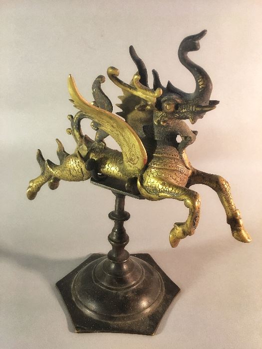 Vintage Bronze Chinese Mythical Winged Horse “The Longma” on Stand