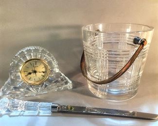 Vintage Ralph Lauren Crystal Ice Bucket, Large Waterford Crystal Mantle Clock and Waterford Crystal Handle Cake Knife 