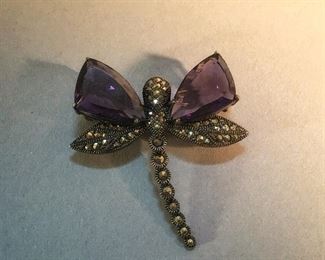 Art Deco Style Sterling Silver Amethyst and Marcasite Dragonfly Brooch 