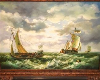 Large Oil on Canvas Seascape Painting, Signed Russel