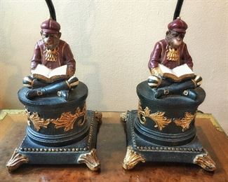 Pair of Composite Reading Monkey Lamps 
