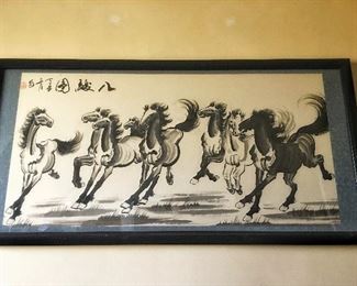 Large Ink on Paper Chinese Painting of Galloping Horses, Artist Signed 