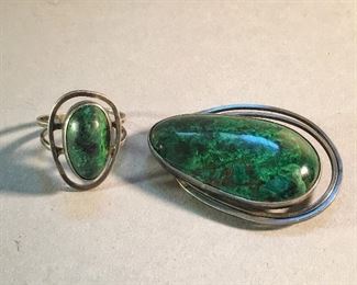Modernist Sterling Silver (925) and Malachite Ring and Brooch, Made in Israel (sold separately) 