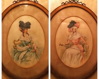 Two Victorian Fashion Portraits in Watercolor and Signed by the Artist. Both in Original Frames 