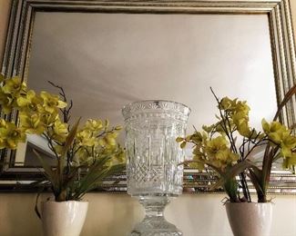 Vintage Mirror on Mirror, Faux Orchids and Large Cut Crystal Etched Vase (as is)
