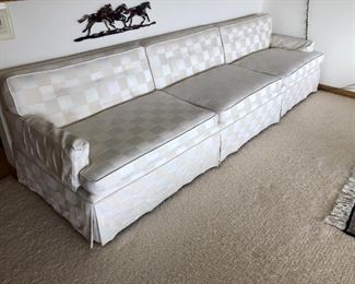 Mid-Century White Checkered Extra Long Couch with Oversized Ottoman