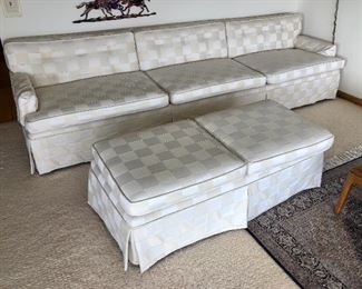 Mid-Century White Checkered Extra Long Couch with Oversized Ottoman