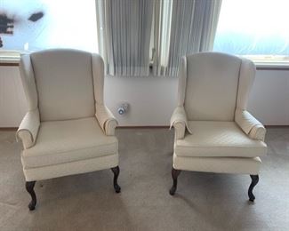 Vintage White Upholstered Lounge Chairs Set of 2, One with Tear in Back 