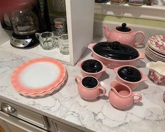 Hazel Atlas “Pink Crinoline” milk glass, Cronin Pottery pink & black oven ware