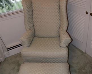 Custom Upholstered Wing Back Chair and Stool 
