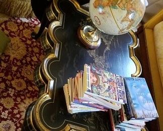 Black and gold chinoiserie painted Chinese coffee table, vintage globe