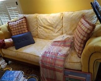 Lillian August gold/yellow velvet and toile upholstered down sofa, custom pillows