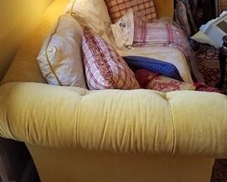 Velvet and toile upholstered sofa