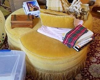 Gold/yellow trefoil shaped, fringed ottoman by Lillian August