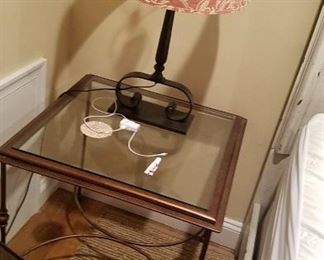 bronze tone glass top side table, paisley print lamp shade, iron base