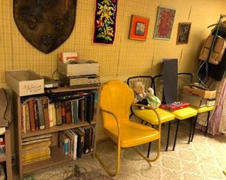 Yellow garden chair and retro kitchen chairs