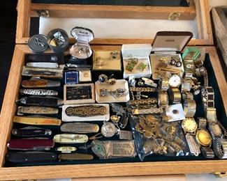 men's case includes pocket knives, cufflinks, watches, WWII insignias, uniform pins, etc.