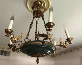 vintage Federal style ceiling light / chandelier - green and gold